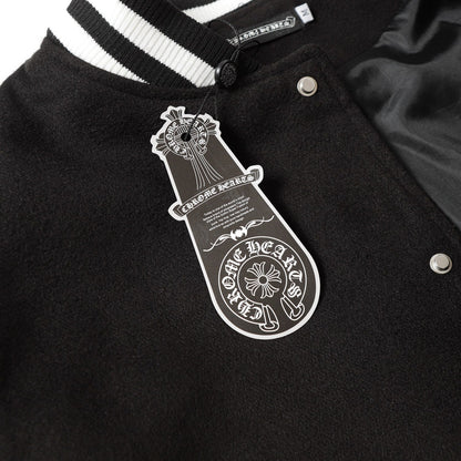 Chrome Hearts Cross Embroidered Leather Sleeve Varsity Jacket - Black Street Style 116