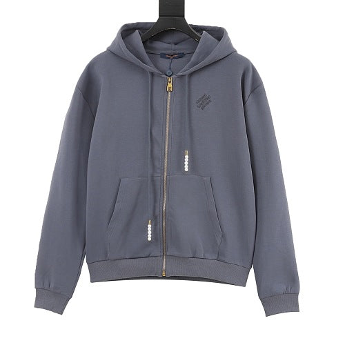 Louis Vuitton Pearl Drawstring LV-Embroidered Zip Hooded Jacket